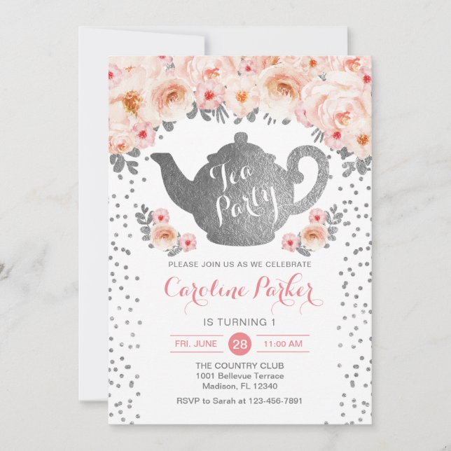 Invitación Cumpleaños del Fiesta del té - Floral rosa blanca  (Anverso)