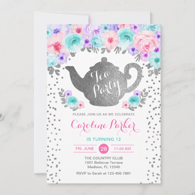 Invitación Cumpleaños del Fiesta del té - Púrpura rosa Verde  (Anverso)