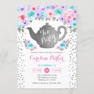 Invitación Cumpleaños del Fiesta del té - Púrpura rosa Verde 