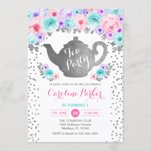 Invitación Cumpleaños del Fiesta del té - Púrpura rosada Verd