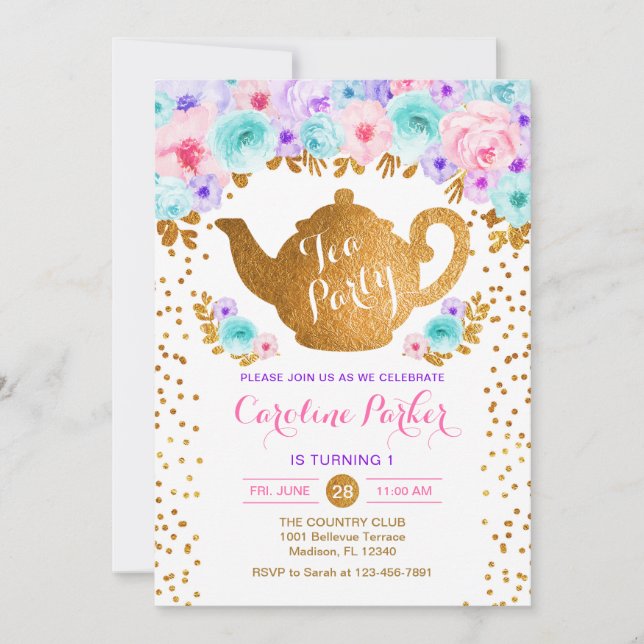 Invitación Cumpleaños del Fiesta del té - Púrpura Verde azula (Anverso)