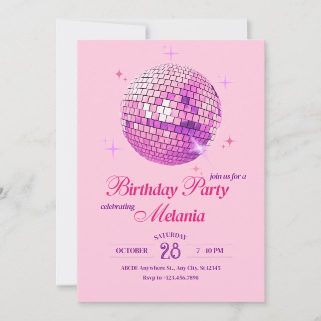 Invitación Cumpleaños del fiesta discoteca púrpura rosa (Anverso)