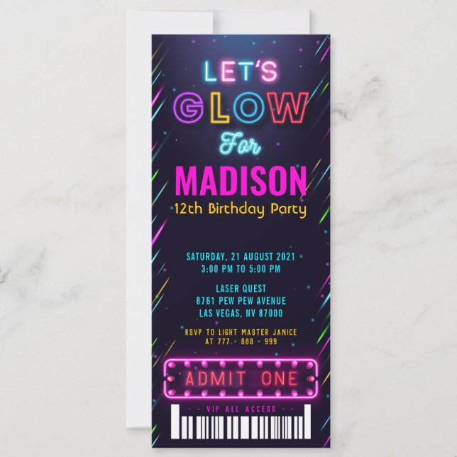 Invitación Cumpleaños del Fiesta Glow Ticket Pass (Anverso)