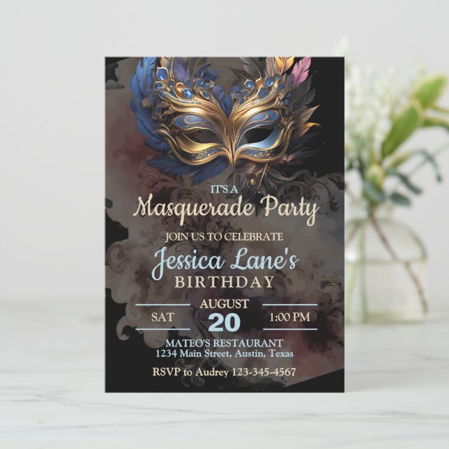 Invitación Cumpleaños del Fiesta Masquerade (Anverso de pie)