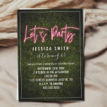 Invitación Cumpleaños del Fiesta Neon Boxwood<br><div class="desc">Guión inspirado en el neón rosa "Let's Fiesta" sobre fondo de vegetación de madera de paja con texto blanco personalizado.</div>