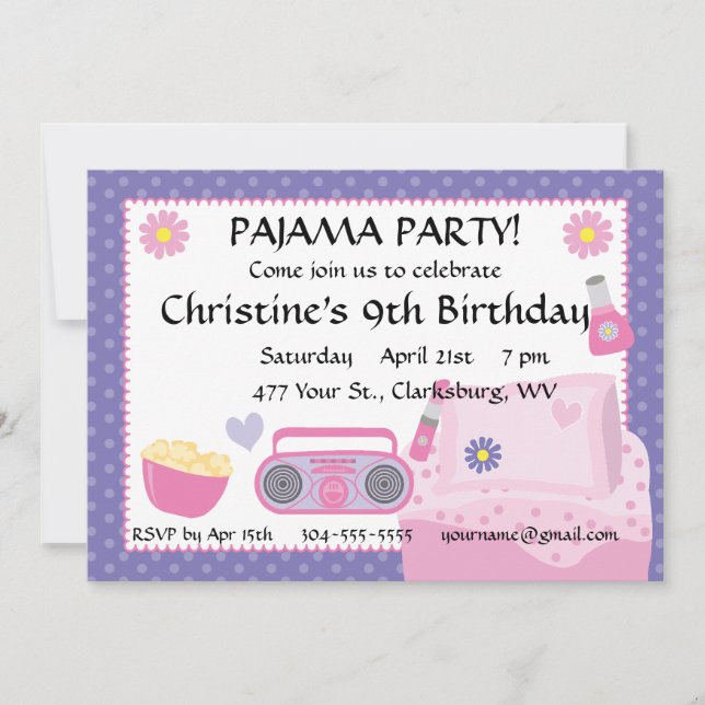 Invitación Cumpleaños del Fiesta Pajama (Anverso)