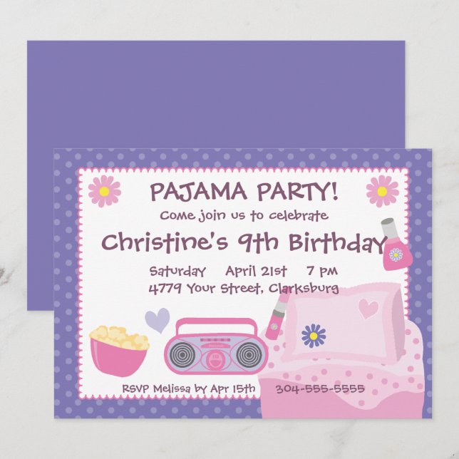 Invitación Cumpleaños del Fiesta Pajama (Anverso / Reverso)