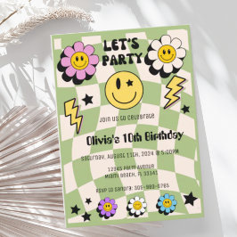 Invitación Cumpleaños del Fiesta Preppy Sage Green Happy Face