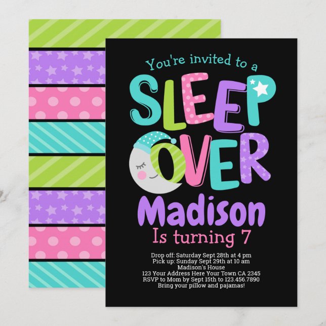 Invitación Cumpleaños del Fiesta Sleepover Pajama (Anverso / Reverso)