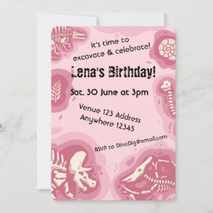 Invitación Cumpleaños del fósil de dinosaurio rosa Excavar y