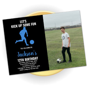 Invitación Cumpleaños del futbolista azul negro con foto