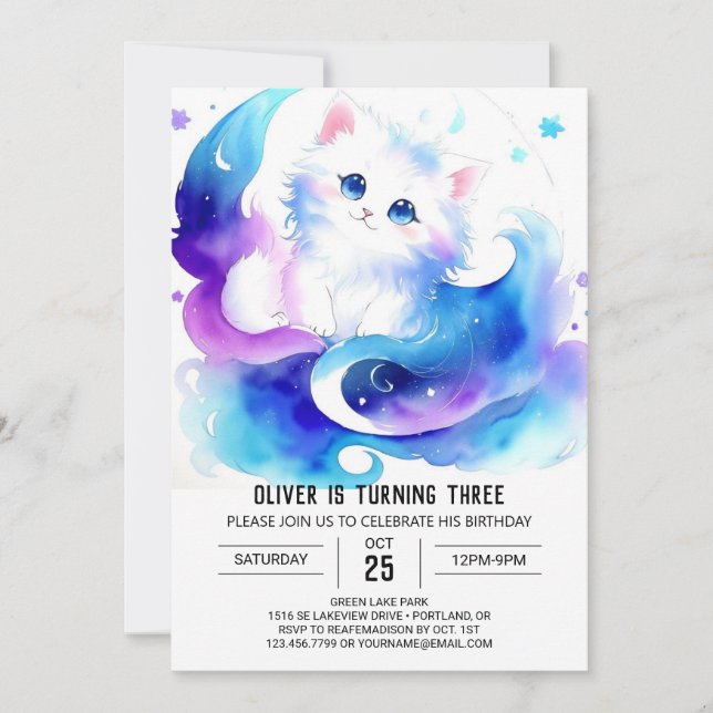 Invitación Cumpleaños del Gatito Digital Cute (Anverso)