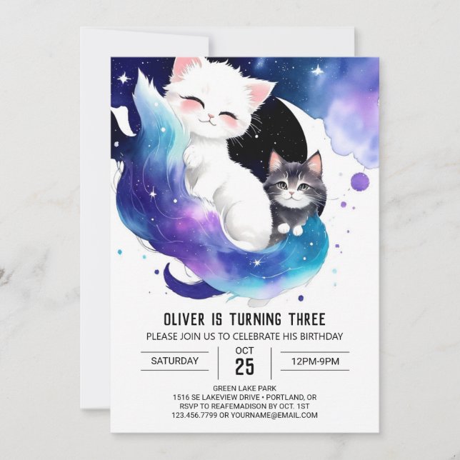 Invitación Cumpleaños del Gatito Digital Cute (Anverso)
