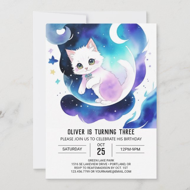 Invitación Cumpleaños del gato acuarela moda (Anverso)