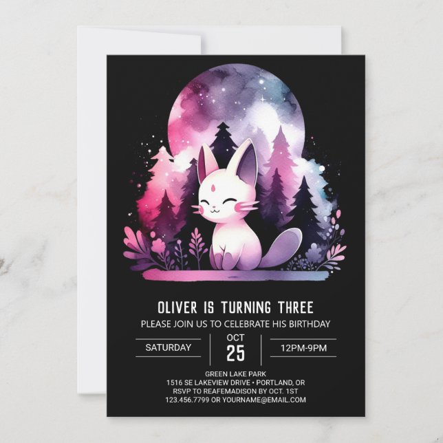 Invitación Cumpleaños del gato de los niños con acuarela (Anverso)