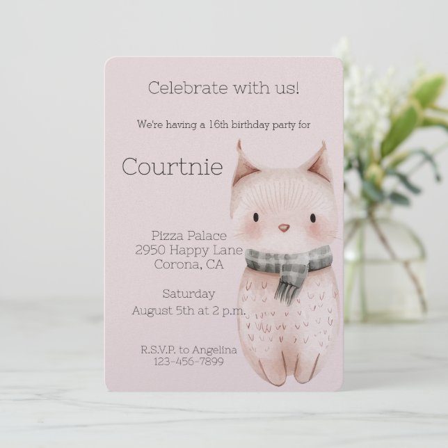 Invitación Cumpleaños del gato del Boho Rosado de Rubor (Anverso de pie)
