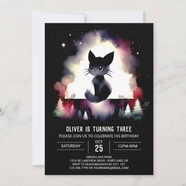 Invitación Cumpleaños del Gato Fantasía Moderno (Anverso)