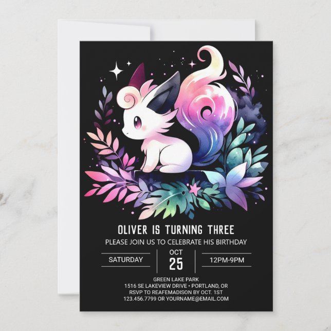 Invitación Cumpleaños del Gato Fantasía Moderno (Anverso)