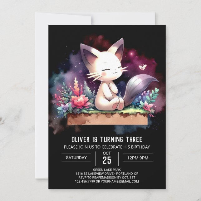 Invitación Cumpleaños del gato felino (Anverso)