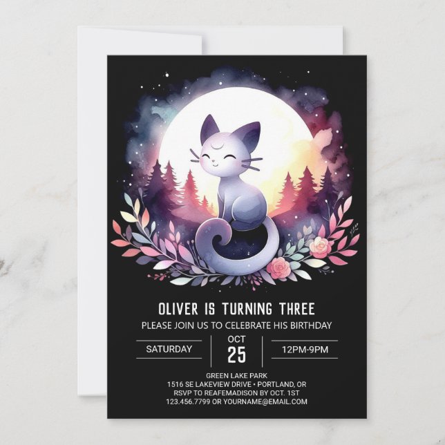 Invitación Cumpleaños del gato felino imprimible (Anverso)