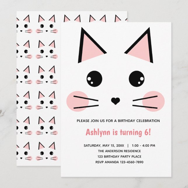 Invitación Cumpleaños del gato gatito rosado (Anverso / Reverso)