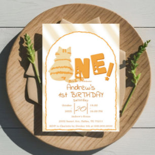 Invitación Cumpleaños del gato gordo naranja lindo 1er