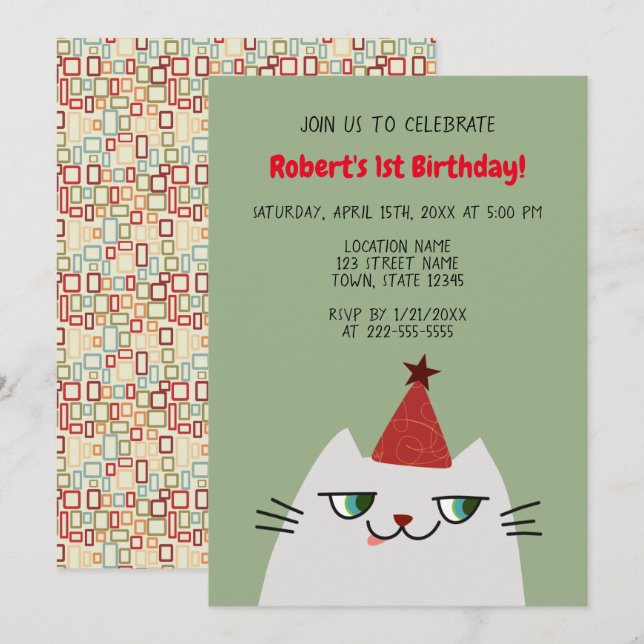 Invitación Cumpleaños del gato gris lindo 1er (Anverso / Reverso)