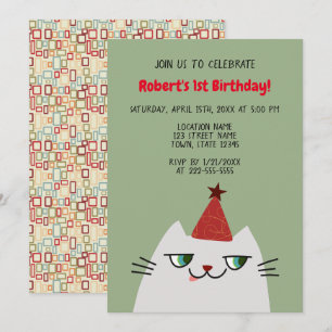 Invitación Cumpleaños del gato gris lindo 1er