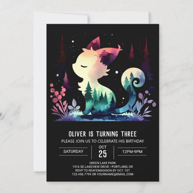 Invitación Cumpleaños del Gato Infantil Encantado (Anverso)