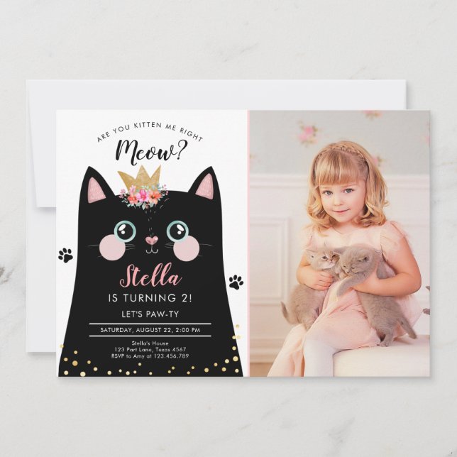 Invitación Cumpleaños del gato Kitten Meow, Chica de la Coron (Anverso)