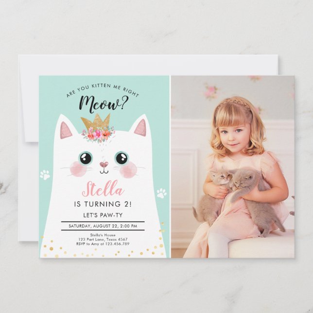 Invitación Cumpleaños del gato Kitten Meow, Chica de la Coron (Anverso)