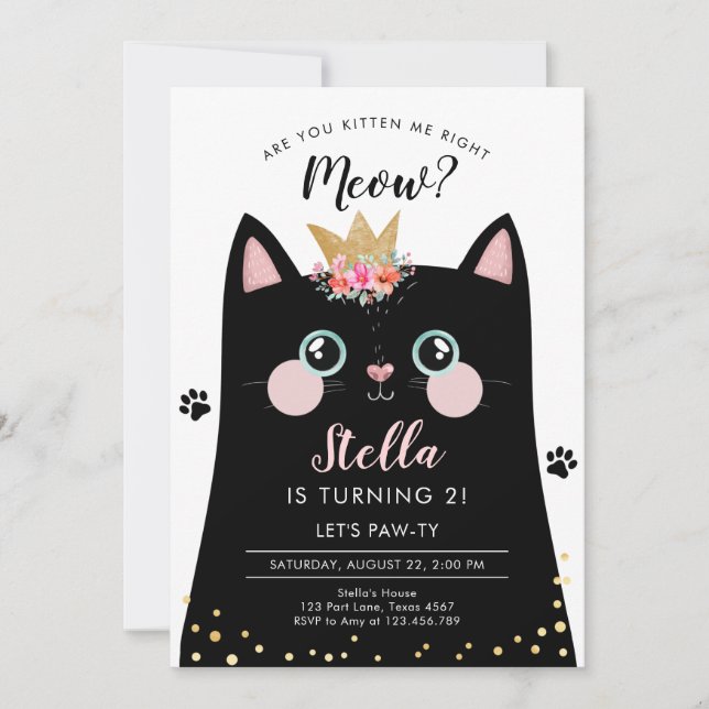 Invitación Cumpleaños del gato Kitten Meow, Chica de la Coron (Anverso)