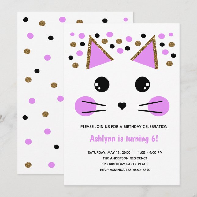 Invitación Cumpleaños del gato negro y morado Purpurina de or (Anverso / Reverso)