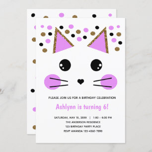 Invitación Cumpleaños del gato negro y morado Purpurina de or