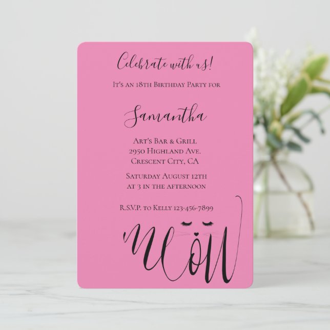 Invitación Cumpleaños del gato Pink Meow (Anverso de pie)