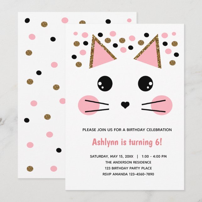 Invitación Cumpleaños del gato Purpurina de oro negro rosado (Anverso / Reverso)