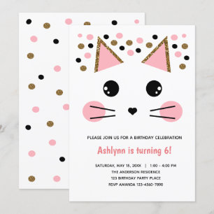 Invitación Cumpleaños del gato Purpurina de oro negro rosado