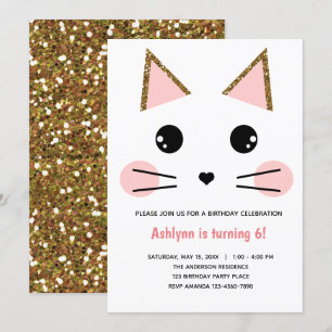 Invitación Cumpleaños del gato Purpurina rosado y dorado