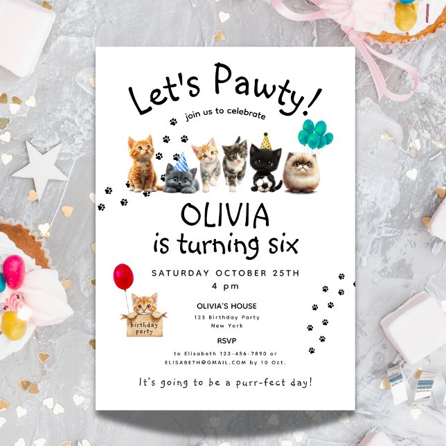 Invitación Cumpleaños del gato Purr-fect | Cute Kids Kitten P (Purr-fect Cat Birthday | Cute Kids Kitten Pawty Invitation)