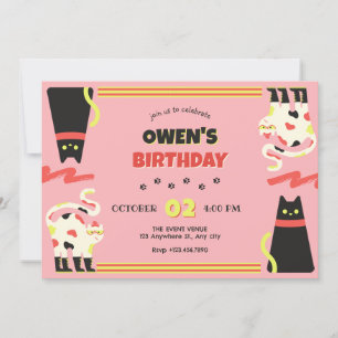 Invitación cumpleaños del gato retro negro