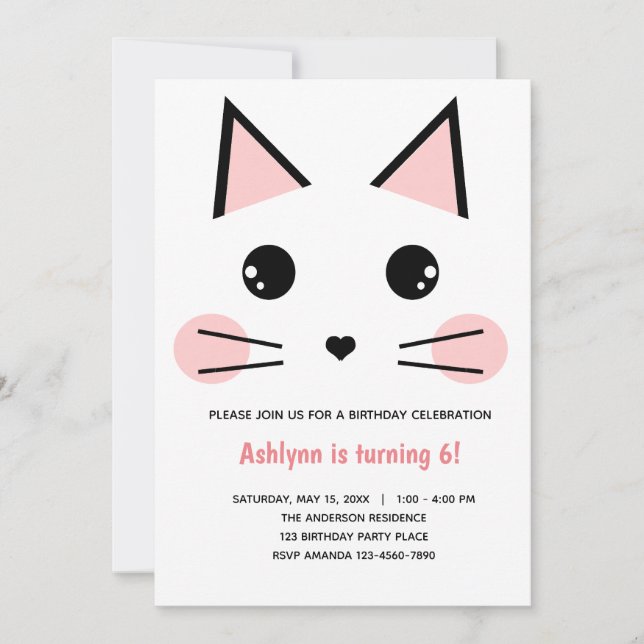 Invitación Cumpleaños del gato rosado (Anverso)