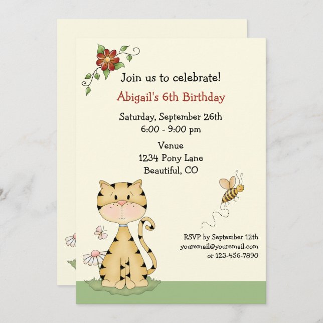 Invitación Cumpleaños del gato y las flores de Naranja kitty (Anverso / Reverso)