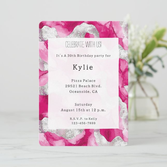 Invitación Cumpleaños del Glam Plata Rosa (Anverso de pie)
