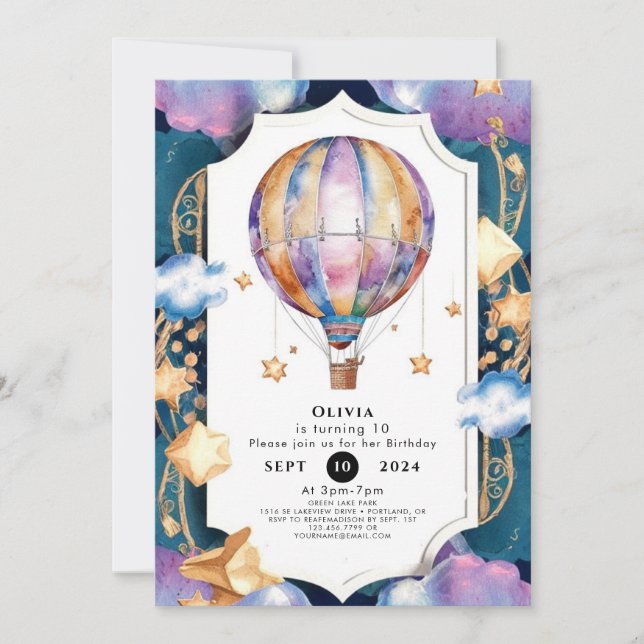 Invitación Cumpleaños del Globo de Aire Caliente Mágico para  (Anverso)