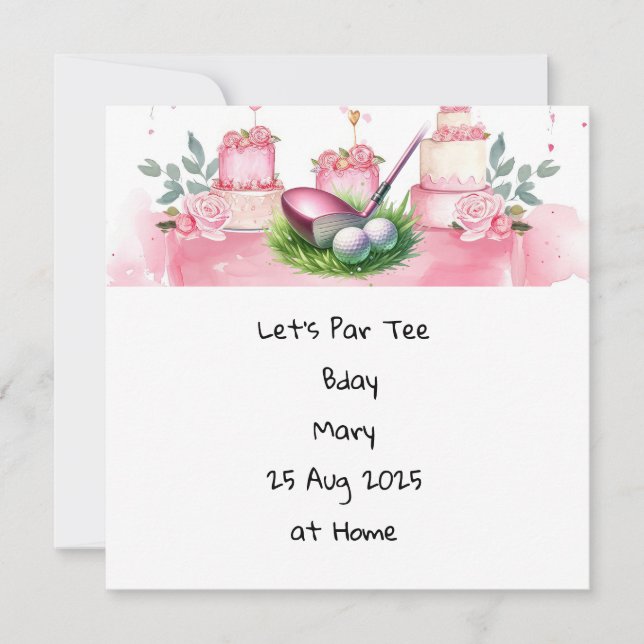 Invitación Cumpleaños del Golf Tema rosa para Lady Golfer (Anverso)