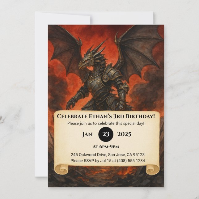Invitación Cumpleaños del guerrero del dragón negro blindado (Anverso)