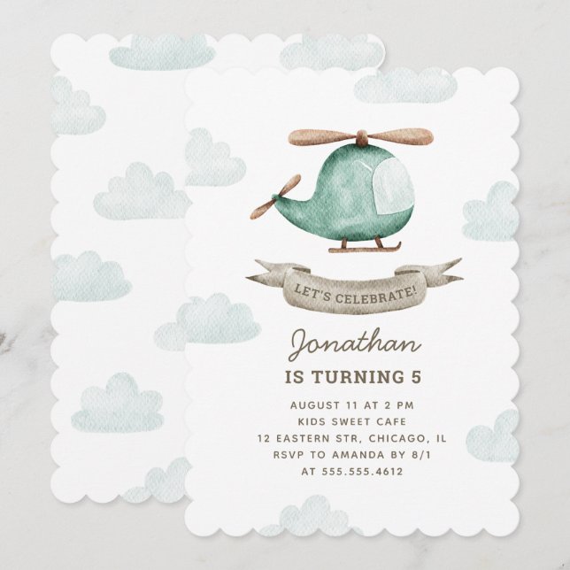 Invitación Cumpleaños del helicóptero para el niño | Aviación (Anverso / Reverso)