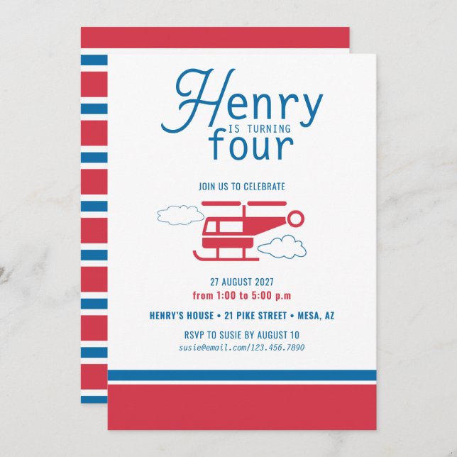 Invitación Cumpleaños del helicóptero rojo y azul (Anverso / Reverso)