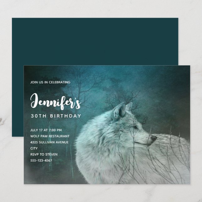 Invitación Cumpleaños del hermoso lobo gris en un bosque oscu (Anverso / Reverso)