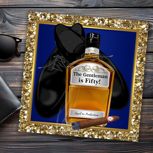 Invitación Cumpleaños del hombre con azul dorado envejecido a (Mans any number birthday invitation. You can change all text, fonts and wording for your event.)